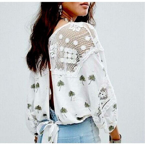 EUC Free People Palms Print Linen Cotton Blouse - Picture 4 of 13